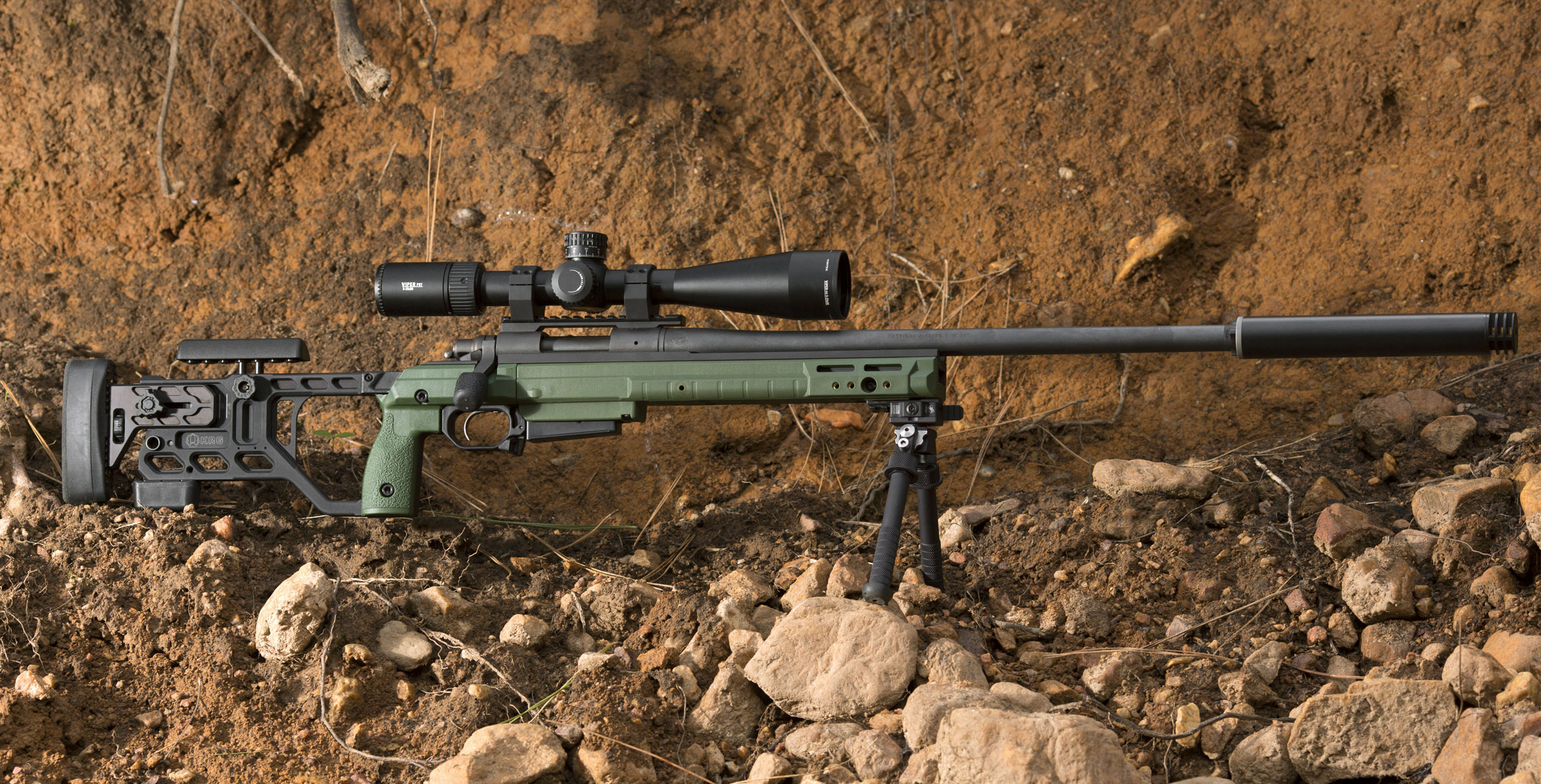 Whiskey-3 Fixed Chassis in Sako Green color shown on Remington 700 with KRG Bolt Lift SV and ...